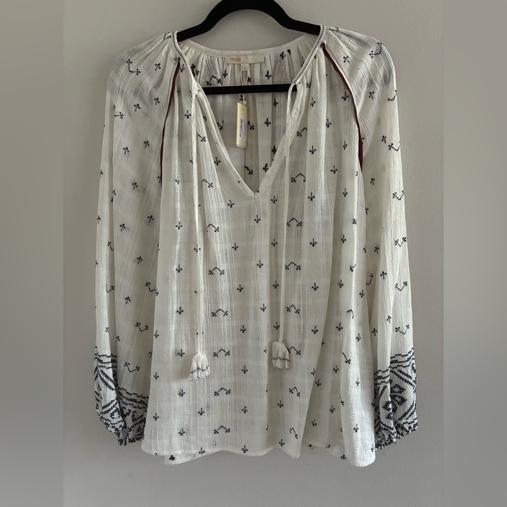 NWT Maje Embroidered Tie Neck Top